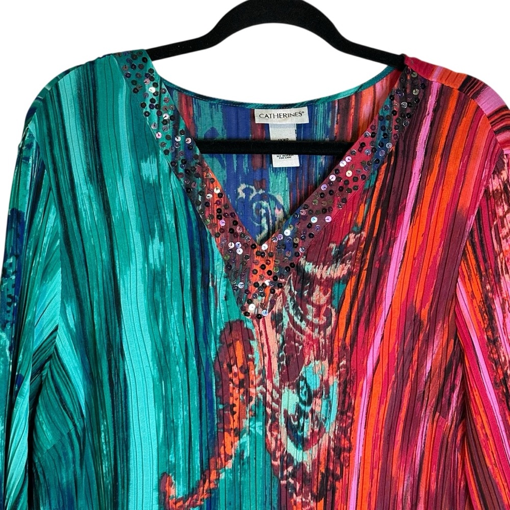 Catherines Graphic Tunic in Green and Red with Funky Retro‎ Hippie Sequins 1XP - Picture 2 of 10